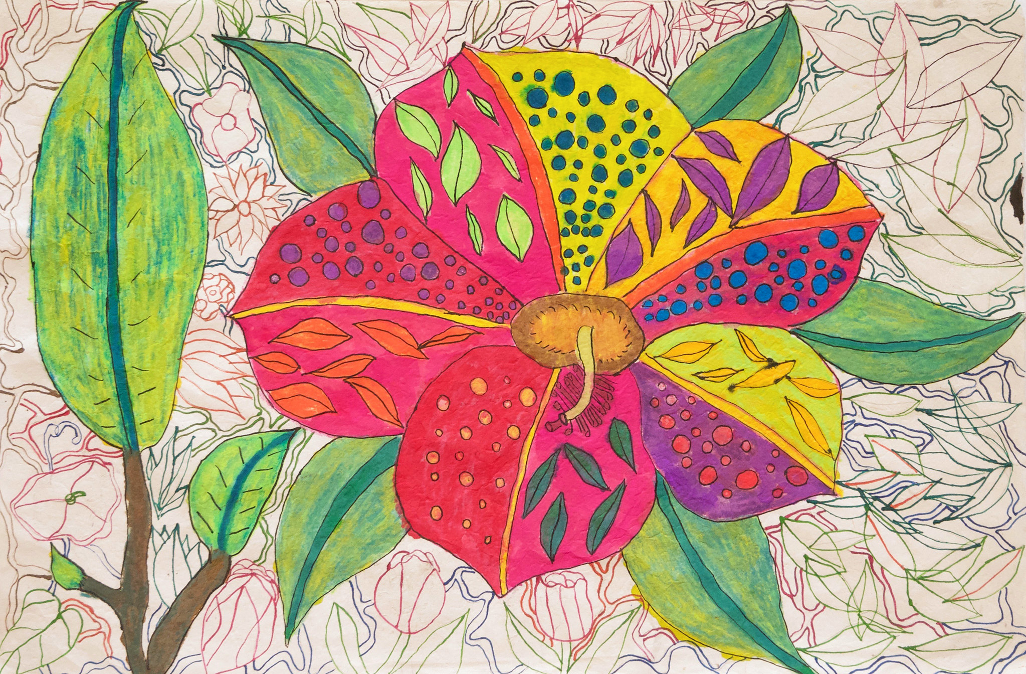 colorful flower and leaf shapes with leaf and polka dot patterning on the petals and leaves and background