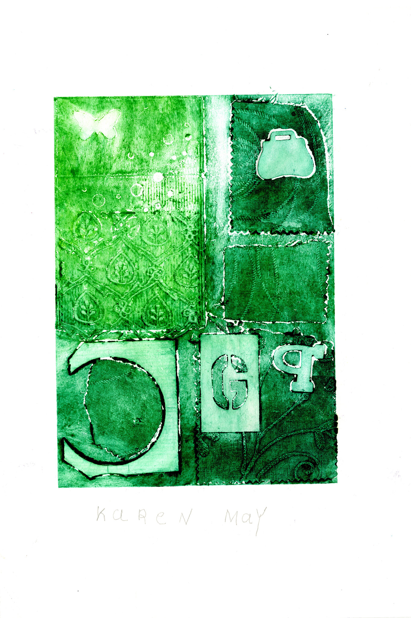 monochromatic abstract print with raised letters G and backwards P and C near the bottom and squares and other shapes at the top
