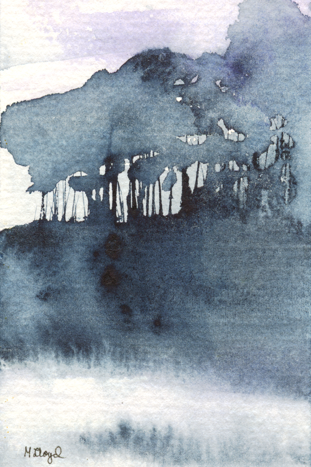 watercolor of trees silhouetted on a ridge