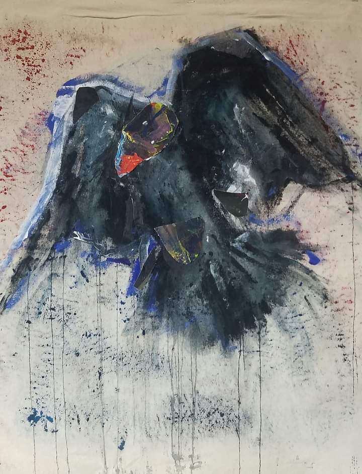 expressionistic painting of a turkey vulture with wings outspread