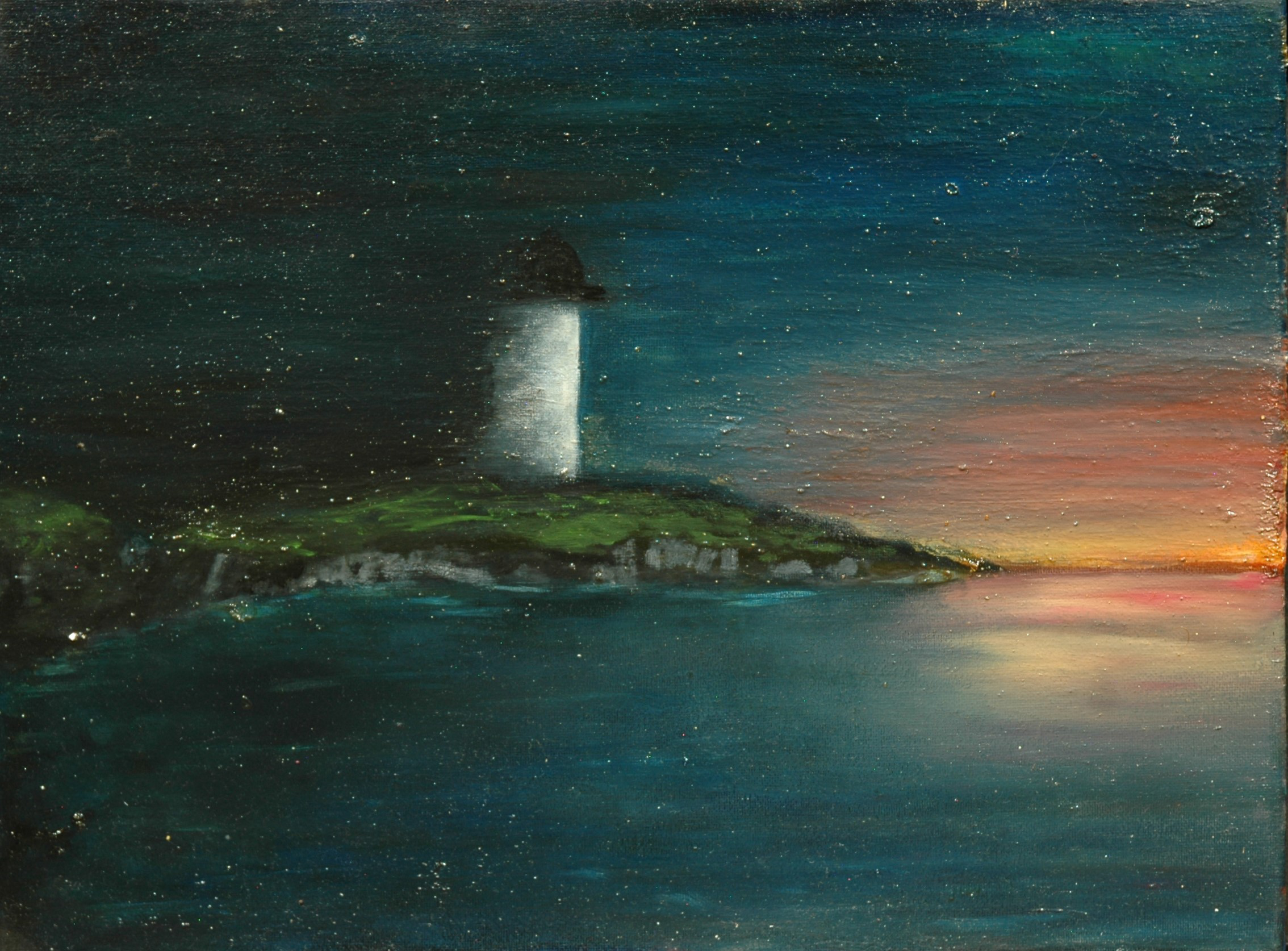 painting of a lighthouse at dusk