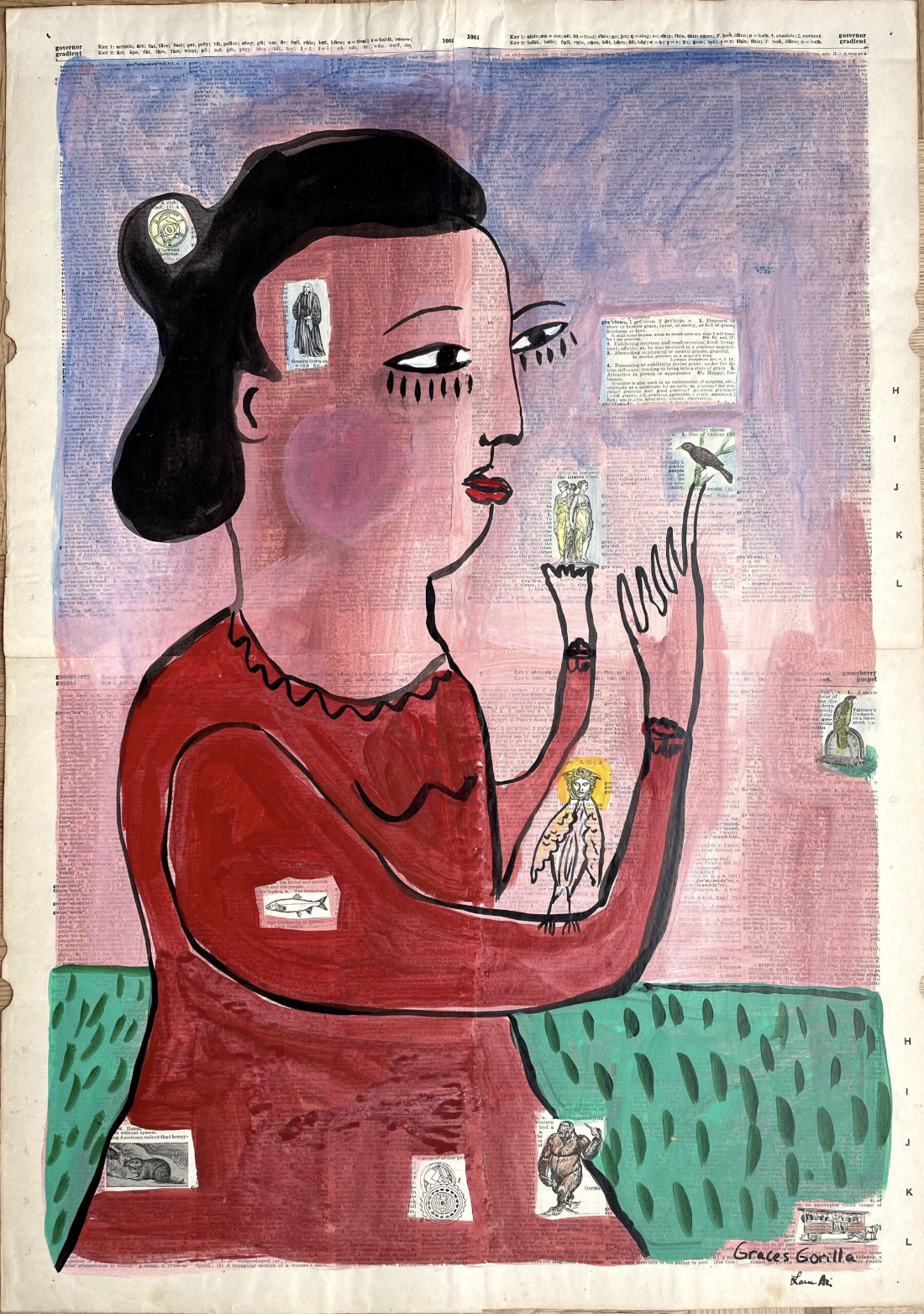 one hand-drawn figure of a woman holding a tiny bird and other tiny objects on her fingers and arms on a painted-over dictionary page