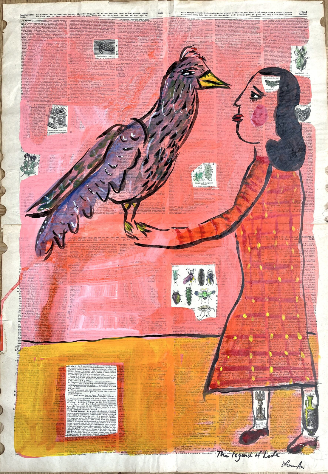 one hand-drawn figure of a woman holding a large bird on a painted-over dictionary page