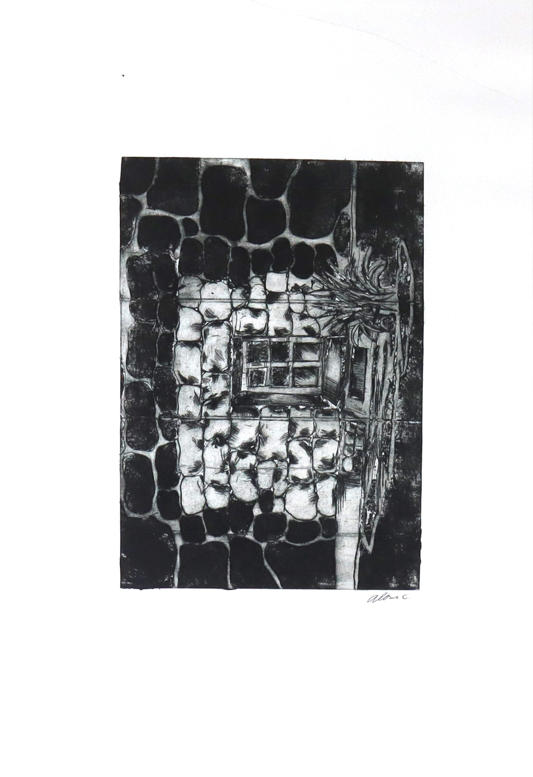 etching of a window seen through a pattern of bricks