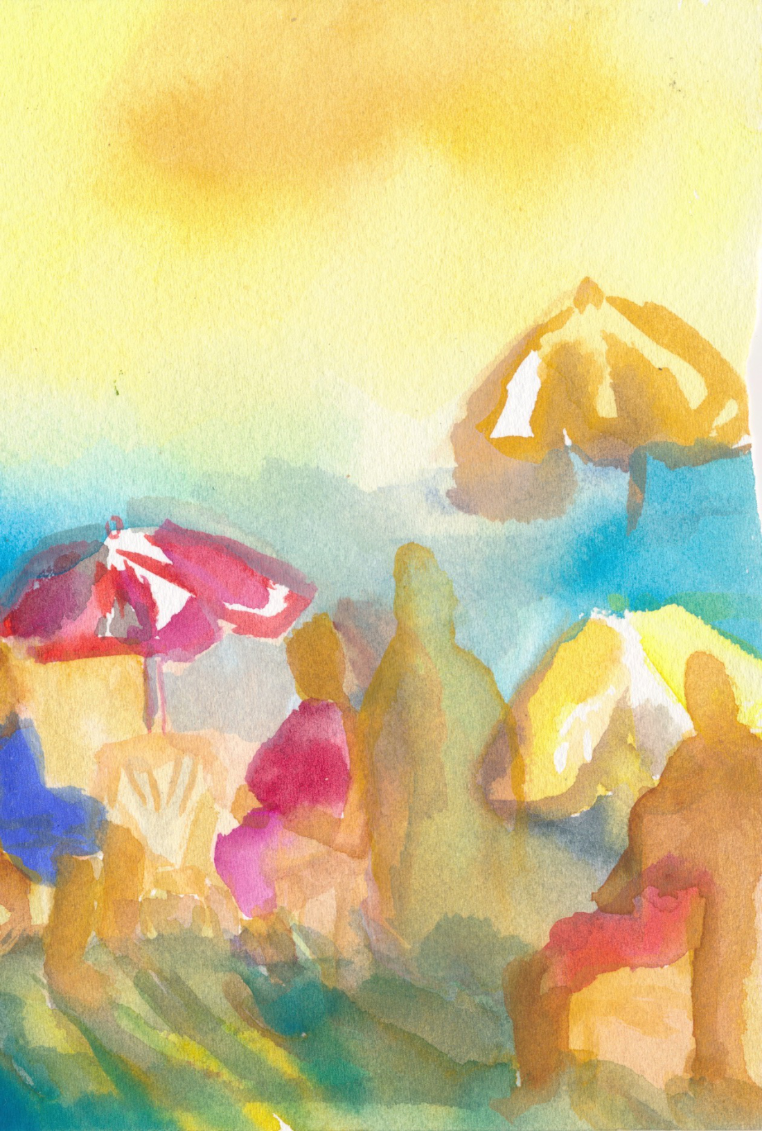 abstract watercolor of a sunny beach with figures and umbrellas