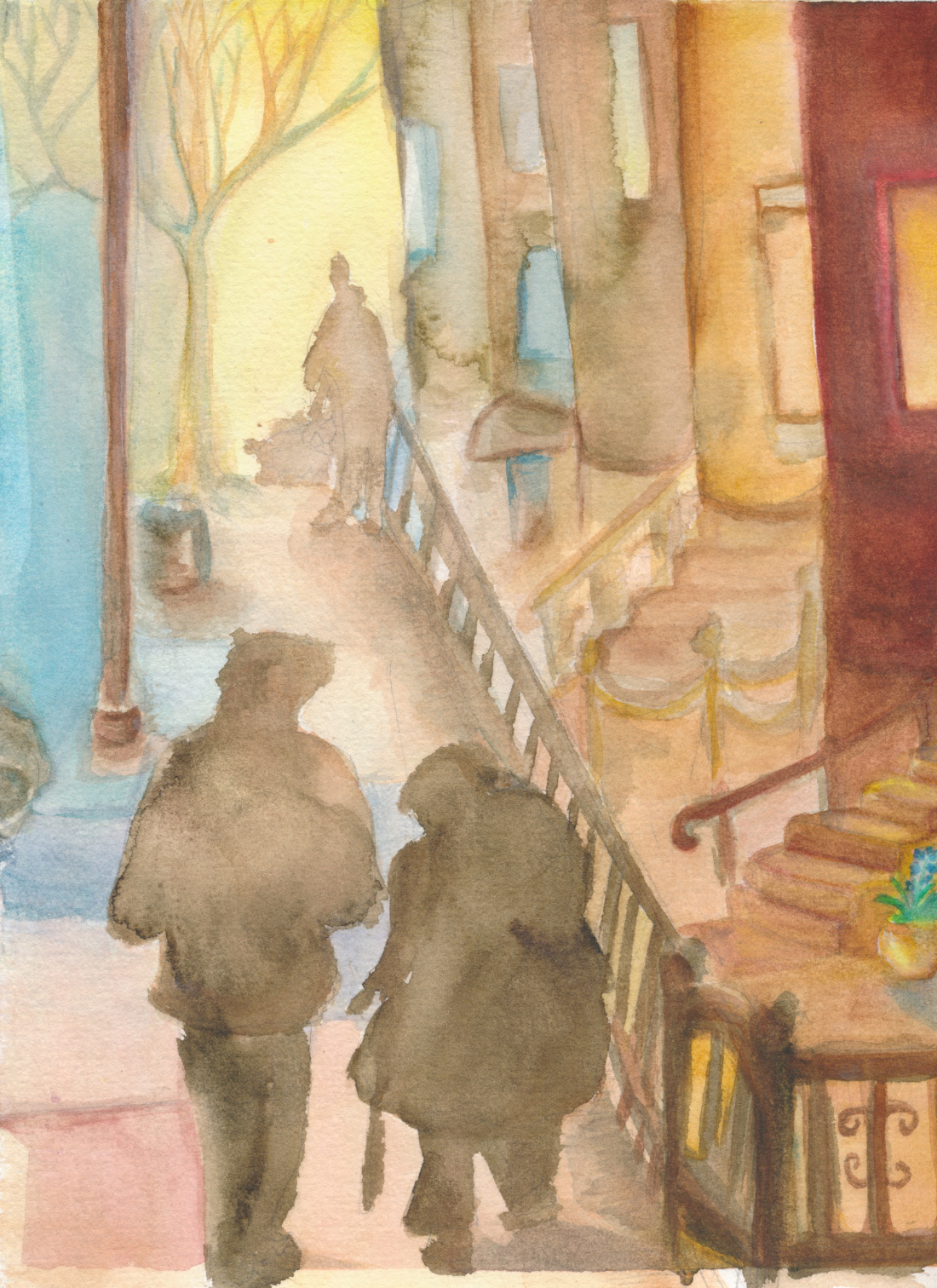 watercolor of two figures on a sidewalk with trees and front stoops of houses