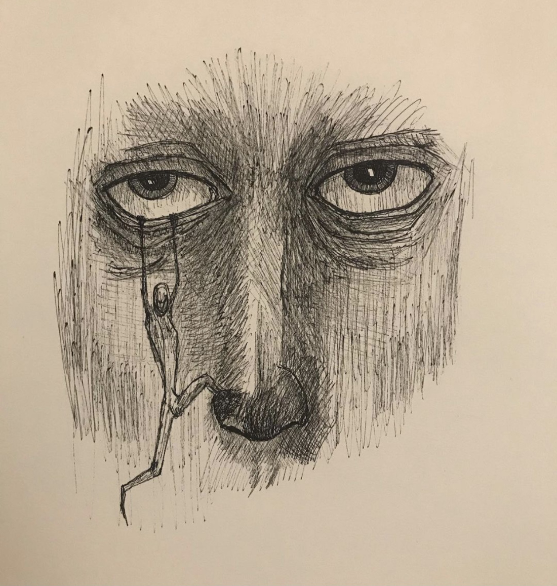 pen and ink drawing of face with eyes and nose and a stick figure climbing up and hanging onto a lower eyelid