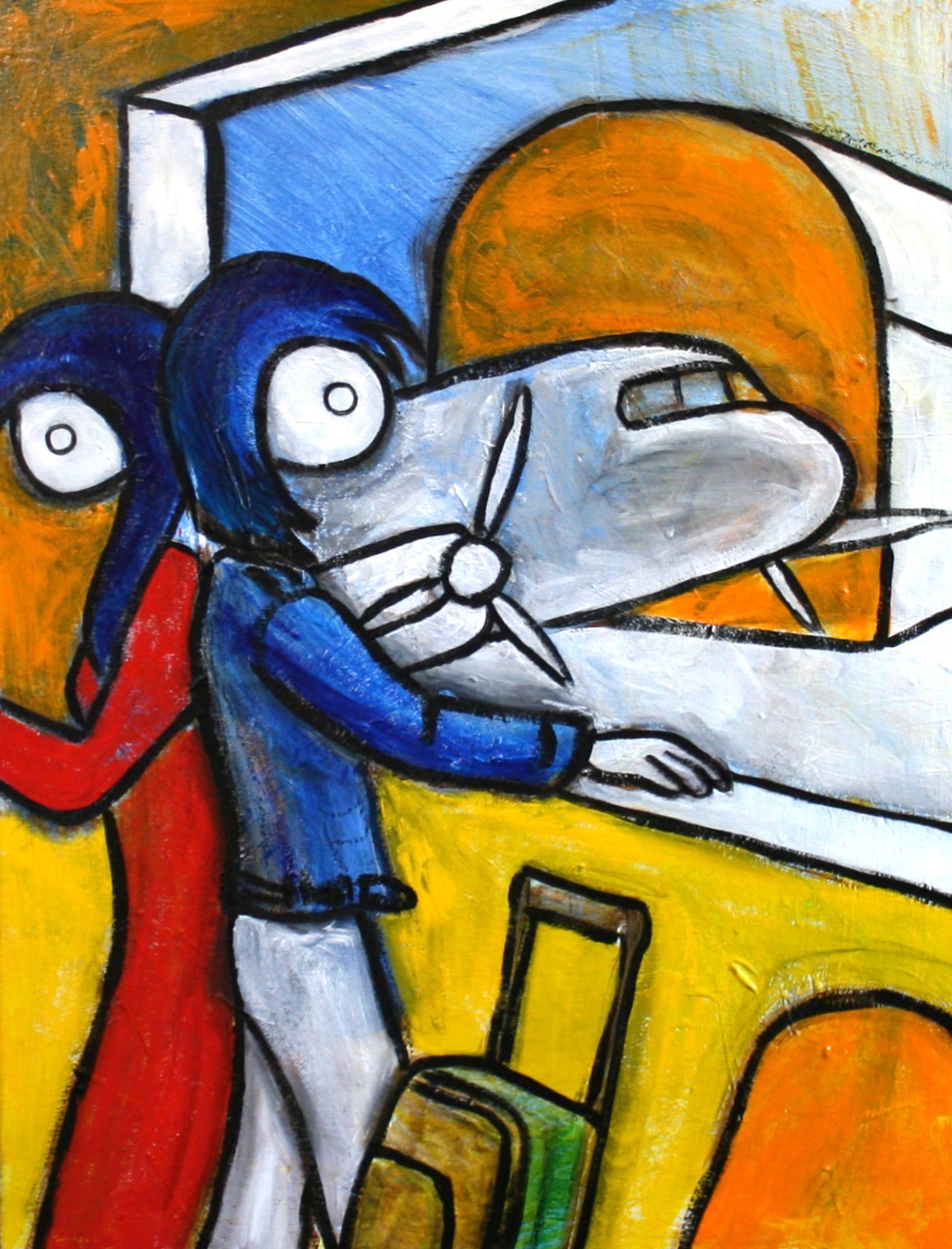 comic-style painting of two people standing back to back with one looking out
        			the window at a prop plane