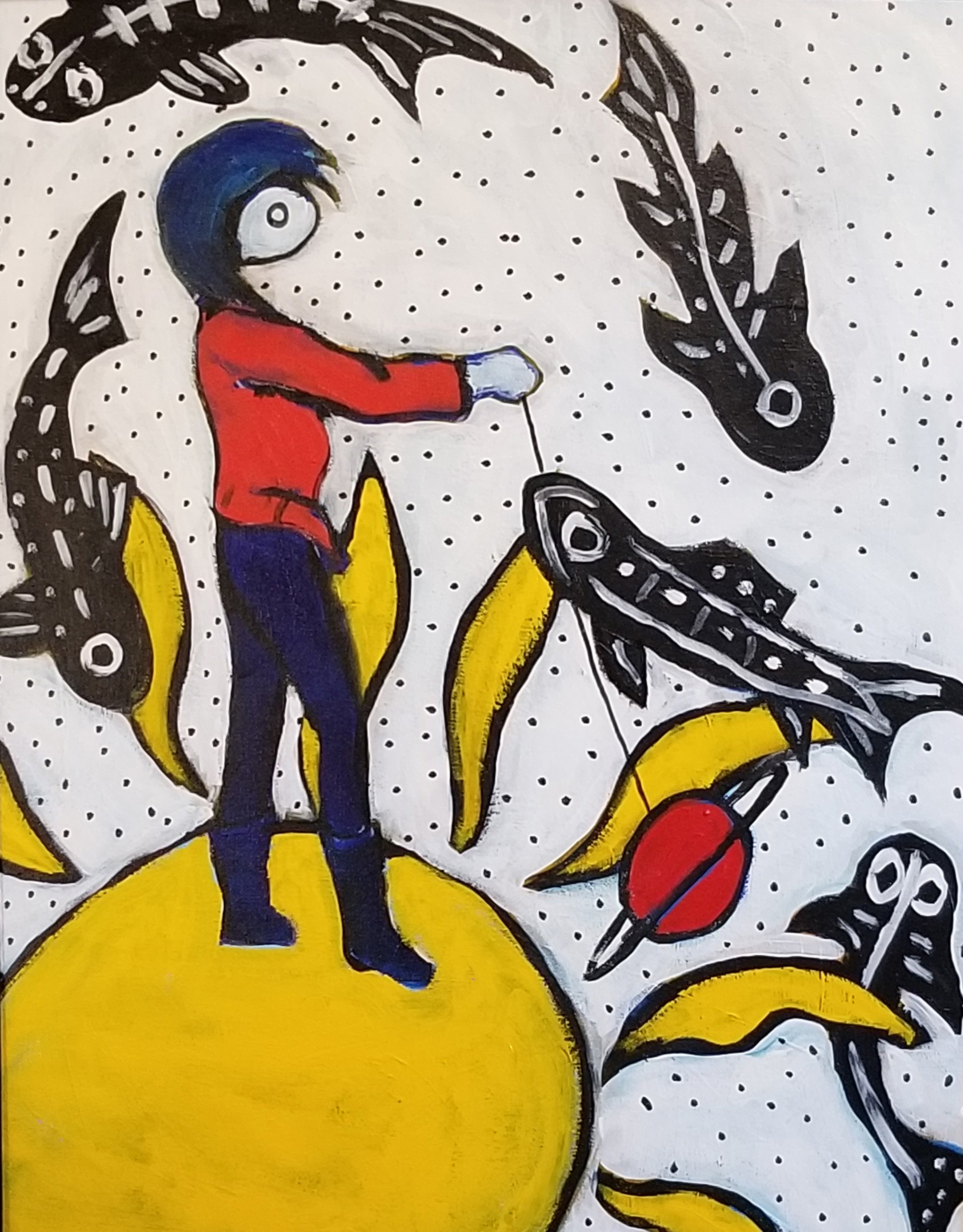 comic-style painting of person standing on the sun fishing in the sky among stars
        			and fish using the planet saturn as bait