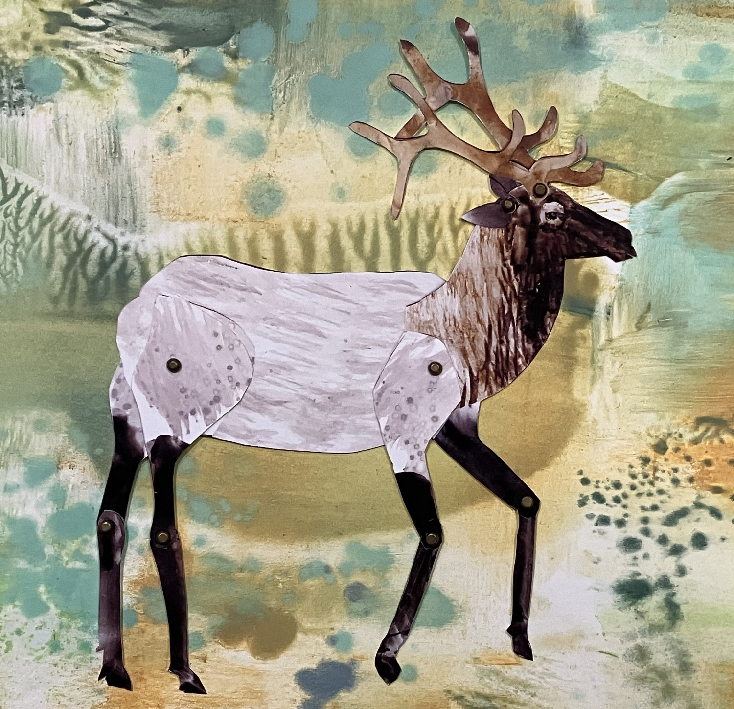 painting of an elk with limbs joined by paper fasteners