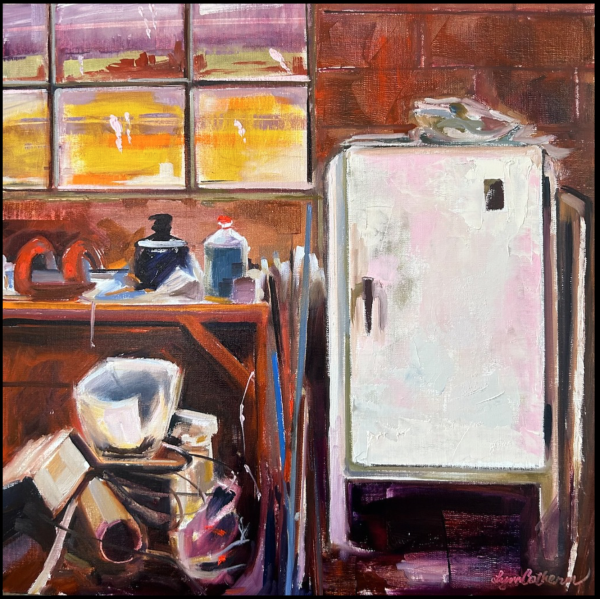 painting of an old refrigerator in a workshop with a window