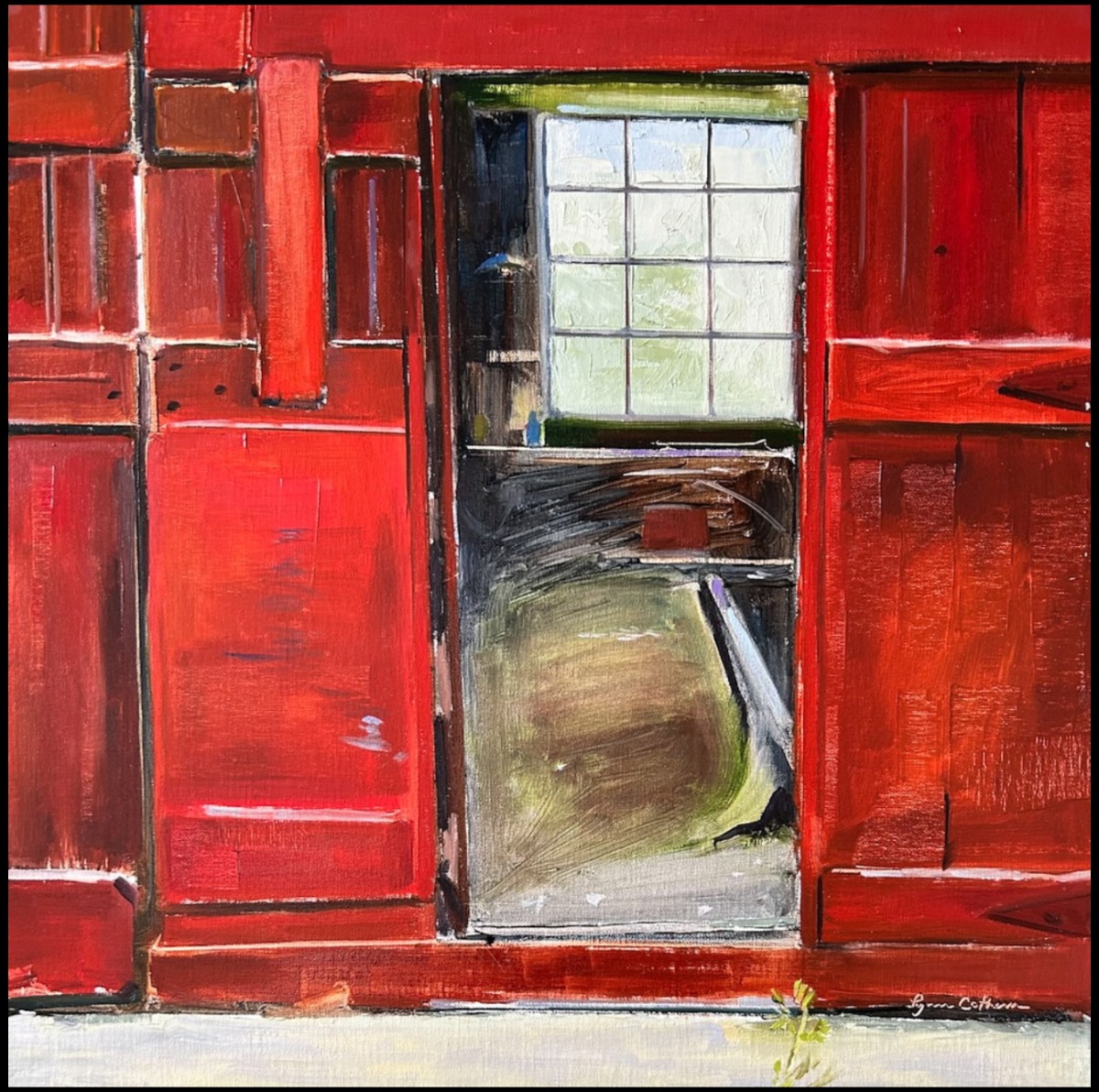painting of an old building and through a doorway into a room with a window