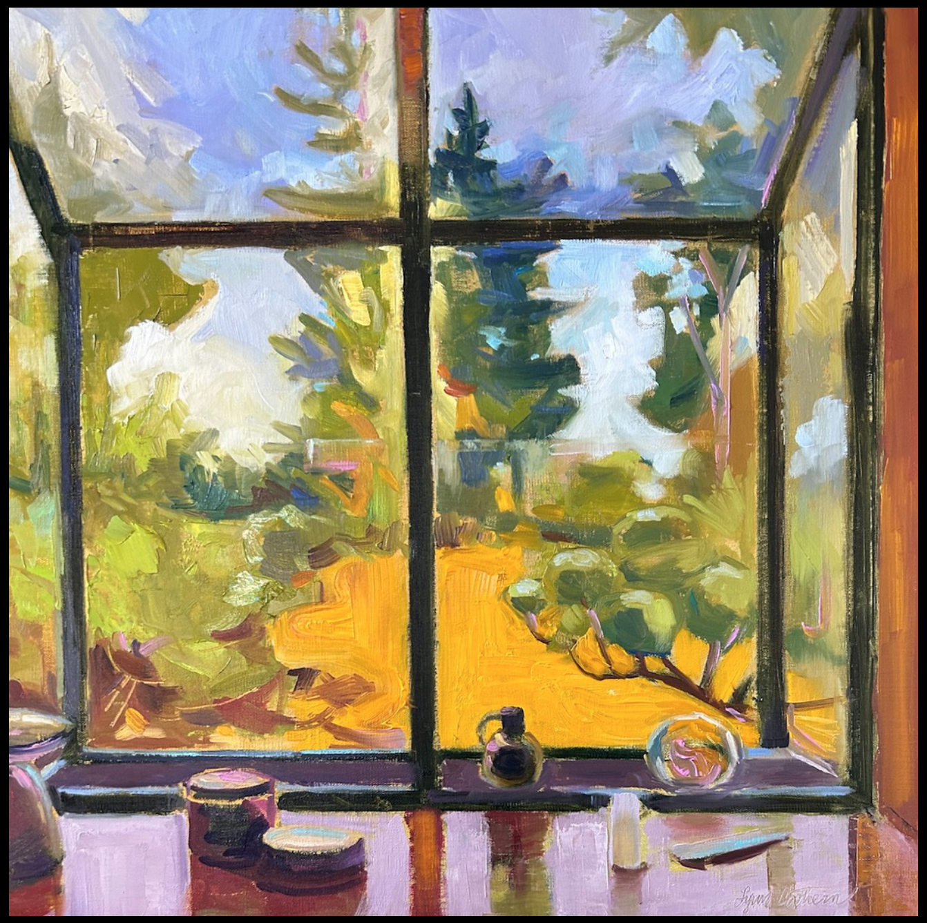 painting of a window looking onto trees