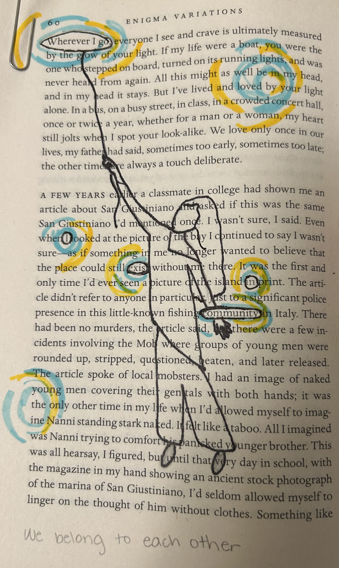 line drawing on a book page of woman holding a balloon with the words circled: wherever I go I exist in community
        			and the words in pencil underneath: we belong to each other