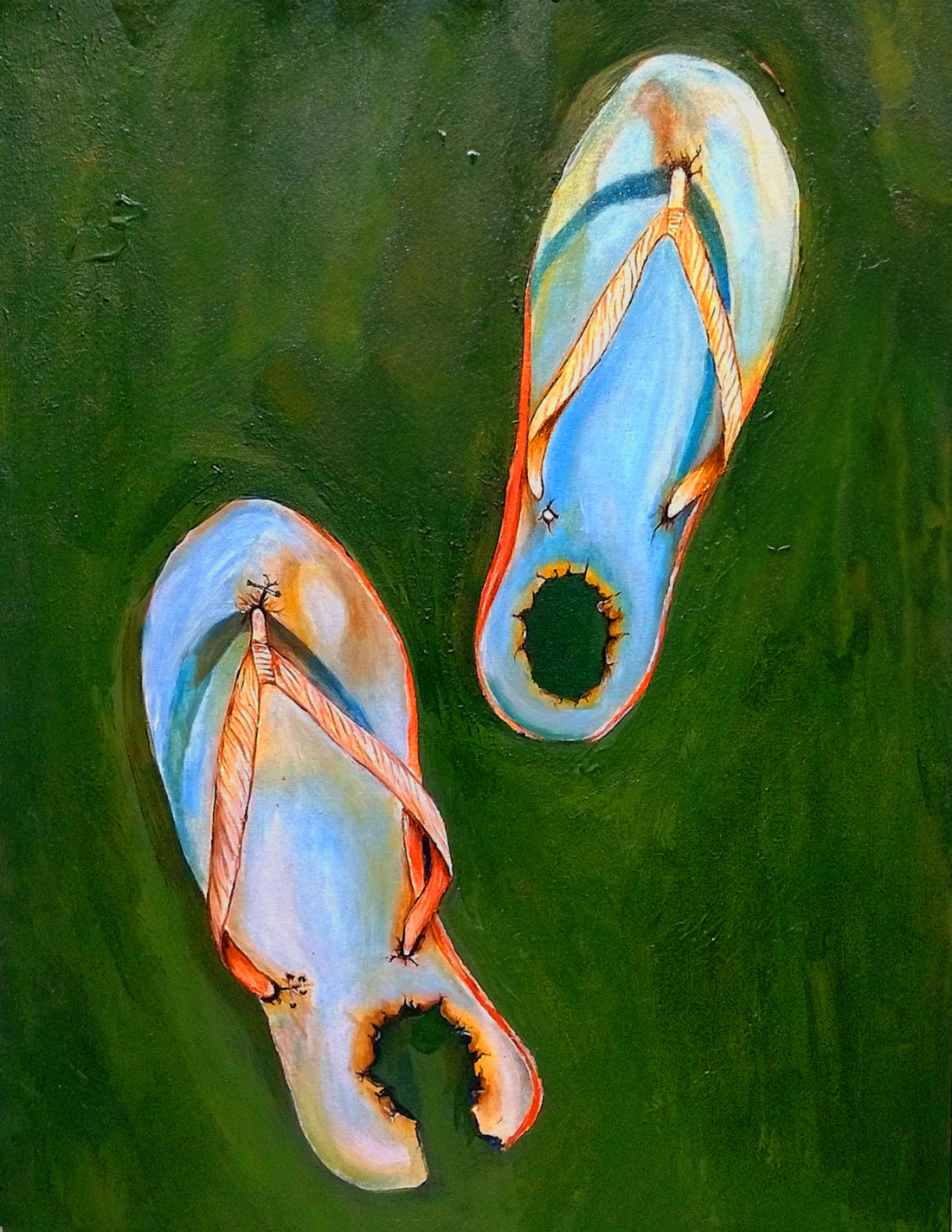 painting of two worn out flip flops with holes in the heels