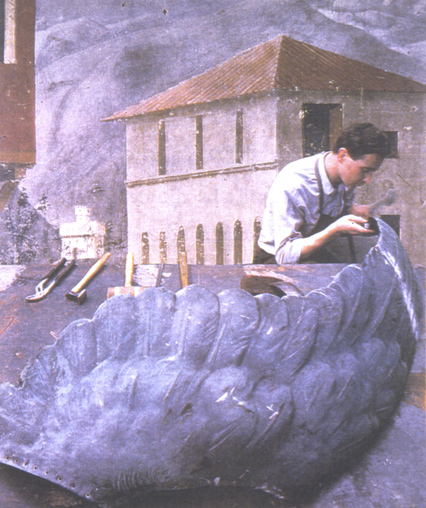 collage of person sewing on a huge wing