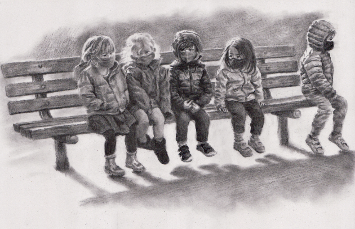 lifelike charcoal drawing of five small children wearing masks sitting on a park bench