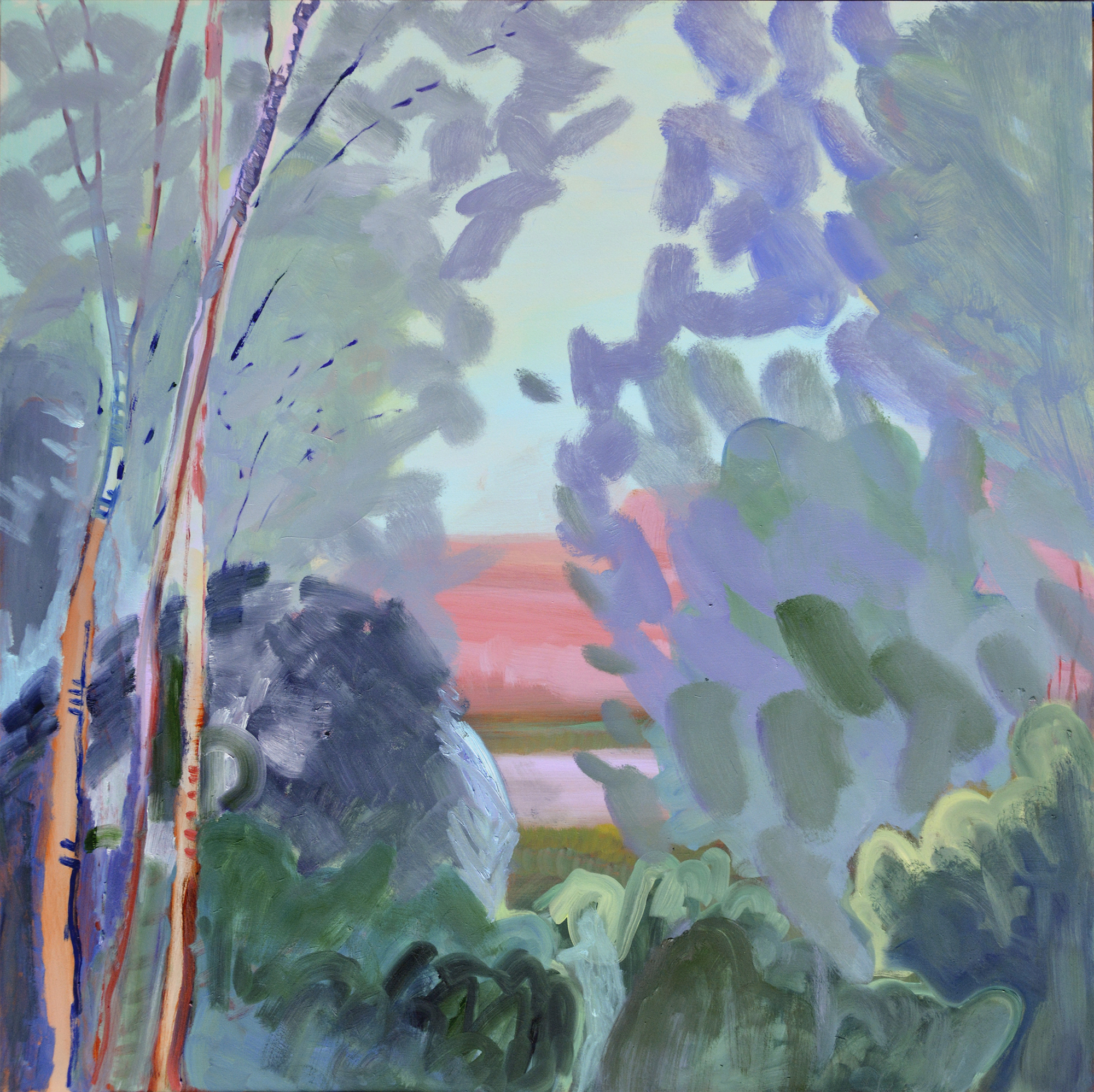 painting of abstract landscape peeking through bushes and trees at sunset