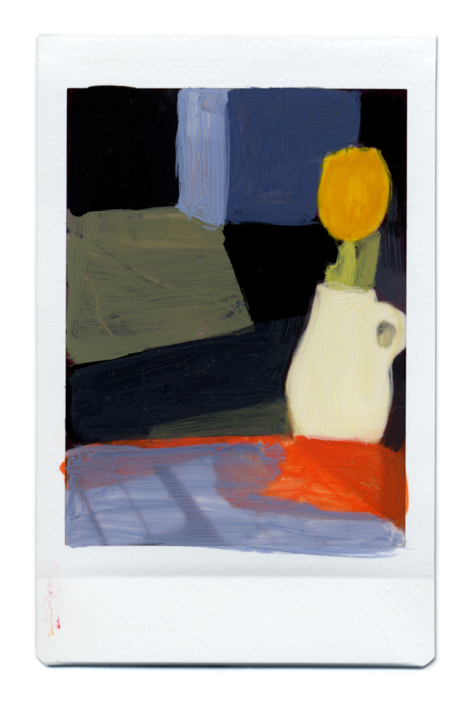 abstract painting over polaroid image of a window and table and vase with one tulip