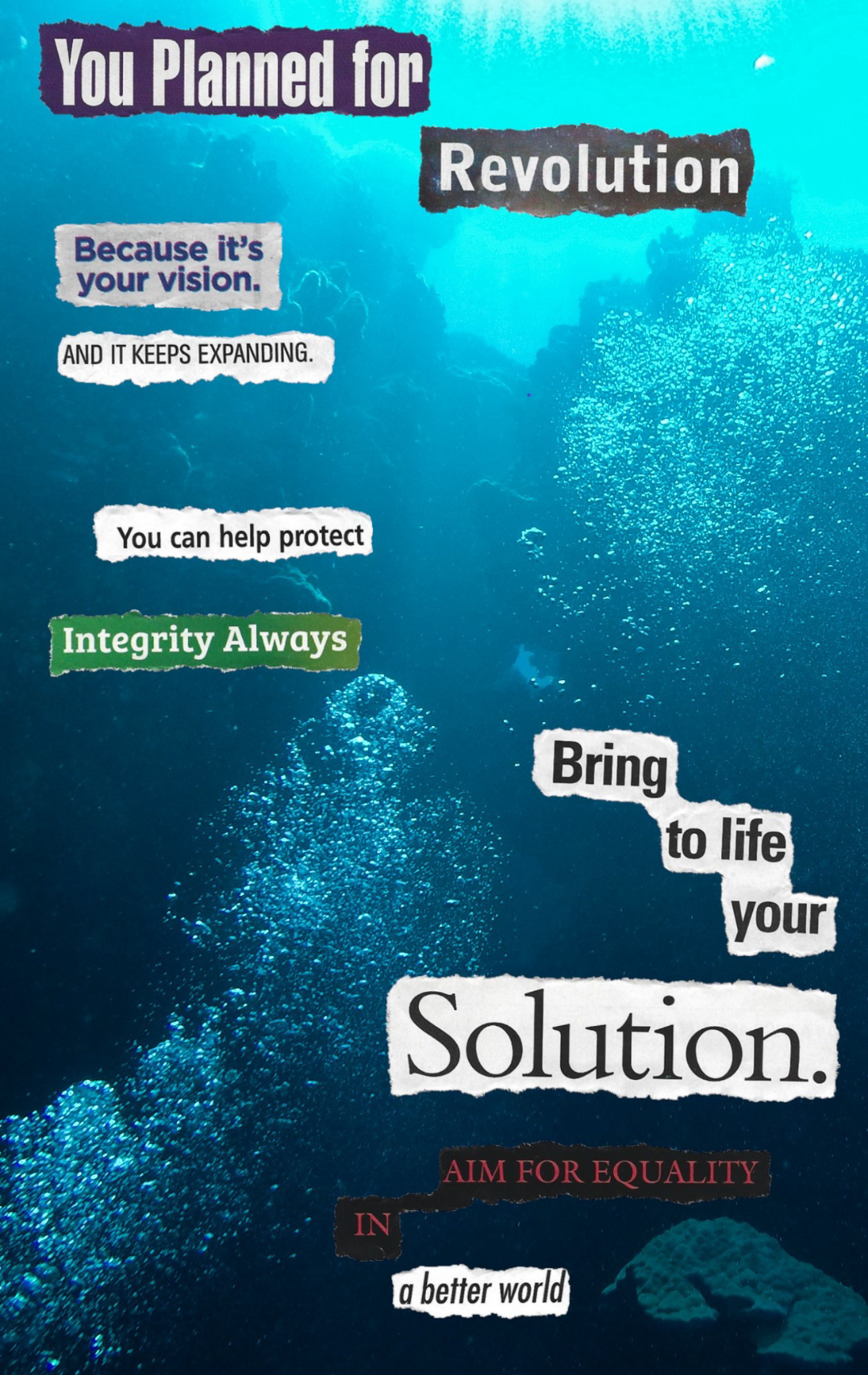 words pasted on photograph of undersea life that says you planned for
        			revolution because its your vision and it keeps expanding you can help
        			protect integrity always bring to life your solution aim for equality in 
        			a better world