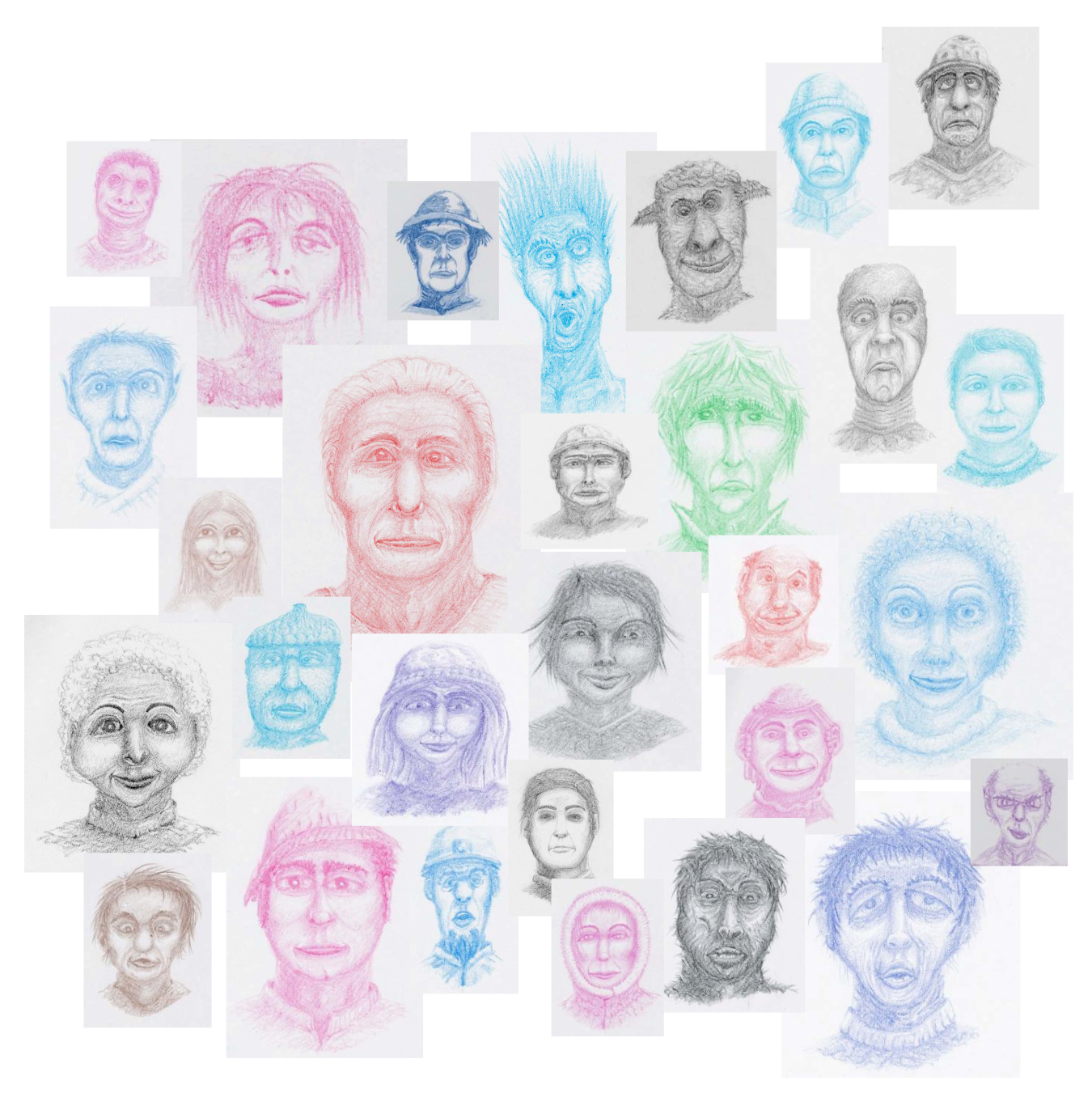 crayon drawings of many faces in different colors
