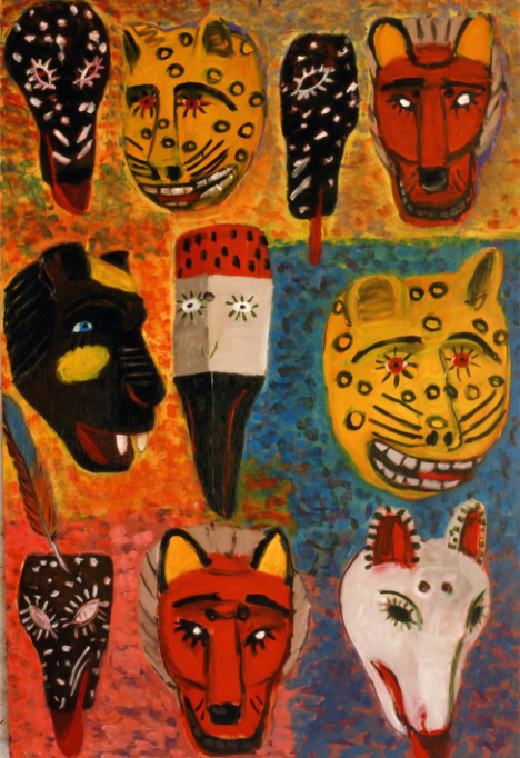 painting of colorful animal masks on a grid
