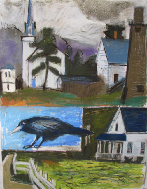 painting of houses fence and a corvid