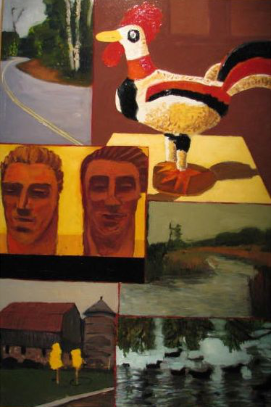 divided painting with rooster and two male heads a farmhouse and landscape