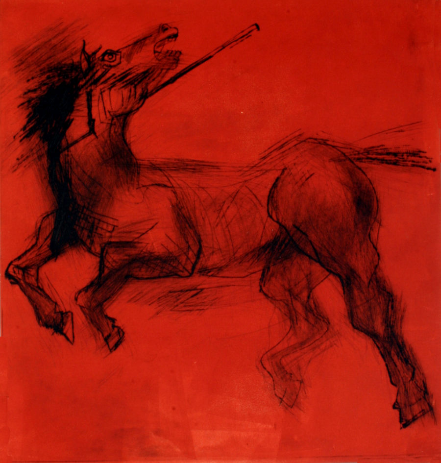 gestural horse on flame red background