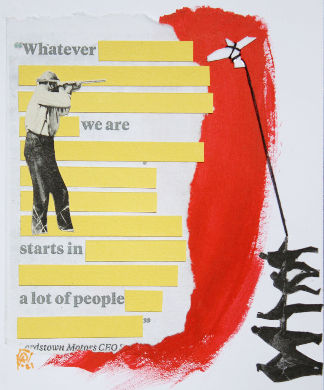 collage of person aiming a rifle at an abstract birdlike shape that says whatever we are starts in a lot of people